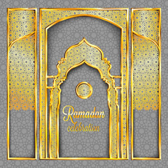 Ramadan Kareem greeting card with traditional islamic pattern, invitation or brochure in eastern style.Arabic circle and stars golden pattern.Gold ornament with shiny frames and mosque stylized doors.