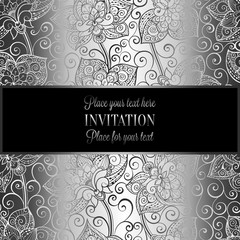 Victorian background with antique, luxury black and silver vintage frame, victorian banner, damask floral wallpaper ornaments, invitation card, baroque style booklet, fashion pattern, template