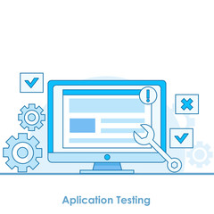Application testing banner. A computer with a test site window and programs. Notifications and gears. 