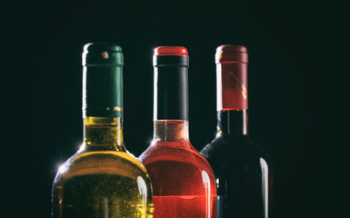 Wine bottles on black background, copy space
