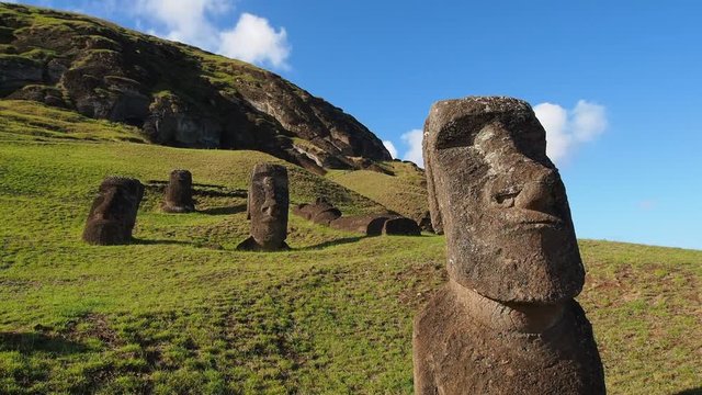 Moais at the quarry on the slope of the Rano Raraku Volcano, Rapa Nui National Park, Easter Island, Chile