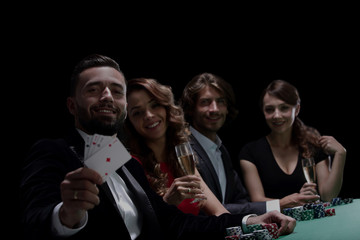 celebrating victory in poker with champagne.
