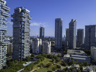 Park Tzameret akirov is a newly built residential neighborhood of Tel Aviv israel apartment buildings, surrounded by green space panoramic view Kikar Hamedina