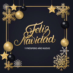 Feliz Navidad hand written lettering with golden decoration ornament.