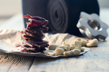 high-protein snack between the approaches, cashew nuts and chopped beef.
