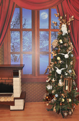 Christmas interior design Christmas tree decorated in pastel colours, ribbons, lights, garlands, flowers. In the background view through the window, snowy night, light of the moon