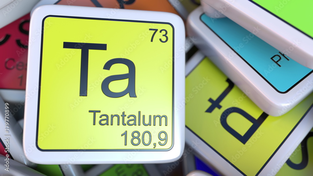 Poster tantalum ta block on the pile of periodic table of the chemical elements blocks. 3d rendering