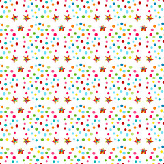 Vector carnaval seamless colorful pattern for kids birthday party. A Happy Birthday, Christmas or New Year Party decor. Kids festive background with confetti and stars.