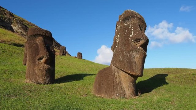Moais at the quarry on the slope of the Rano Raraku Volcano, Rapa Nui National Park, Easter Island, Chile