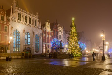 Fototapeta na wymiar Historical Artus Court, fountain of the Neptune and Christmas tree in the centre of Gdańsk. Foggy night. Poland