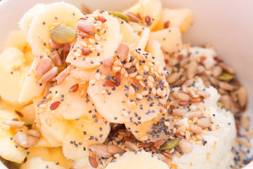 Breakfast. Cottage cheese, seeds, banana. Morning mix.