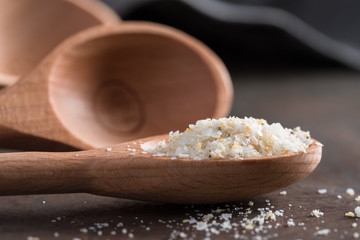 Garlic Salt on wood measuring spoon