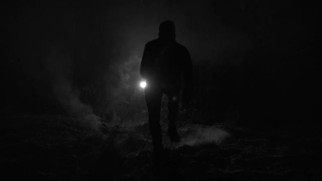 Silhouette of a man chased by light through the forest at winter night
