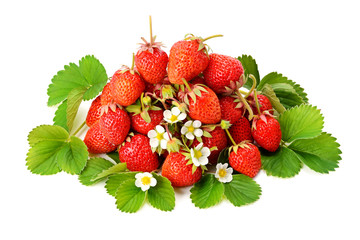 Fresh strawberries on green leaves isolated on white background. Top view.