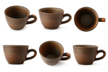 Set of ceramic cups with different camera angles isolated on white. Clipping path.