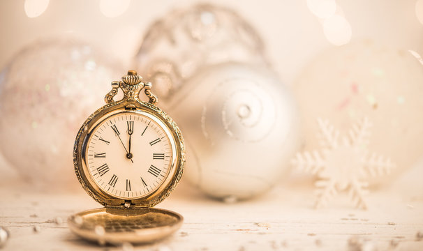 Pocket Watch And Christmas Balls As Holiday Background