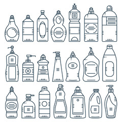 Collection of line icons of cosmetic and household products: detergent container, liquid soap, shampoo, conditioner, lotion, shower gel. Outline vector illustrations of bottles.