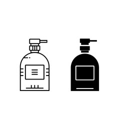 Cosmetic product bottle - black silhouette and line flat icon. Bottle with pump for liquid hand soap, face cleanser or scrub. 
