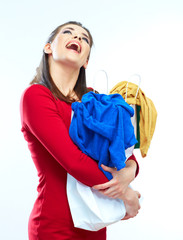 joyful woman holding shopping bag with clothes. Shopping Sale Concept.