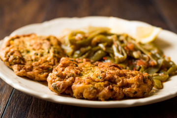 Turkish Food Mucver with Olive Oil Green Beans / Zeytinyagli Fasulye.