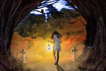 Witch mystery girl walking to the graveyard in early morning with holding light lamp along, mystery and occult dark CONCEPT
