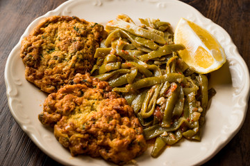 Turkish Food Mucver with Olive Oil Green Beans / Zeytinyagli Fasulye.