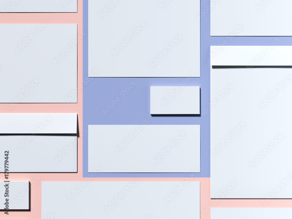 Poster blue-pink branding mockup with sheets of paper and envelope. 3d rendering