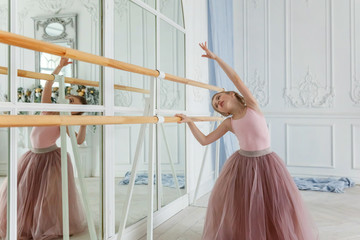 Young classical Ballet dancer side view. Beautiful graceful ballerine practice ballet positions in tutu skirt near large mirror in white light hall. Ballet class training, high-key soft toning