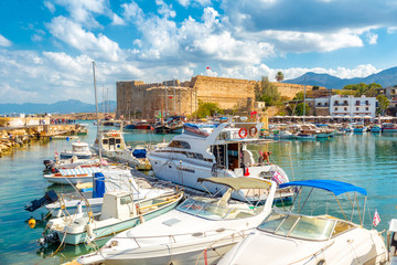 Old harbour and Kyrenia medieval castle (Girne Kalesi), northern coast of Cyprus