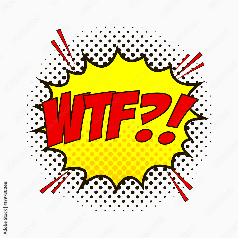 Poster comic speech bubble with emotions - wtf?! cartoon sketch of dialog effects in pop art style on dots 