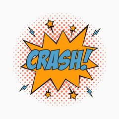 Comic speech bubble with emotions - CRASH! Cartoon sketch of dialog effects in pop art style on dots halftone background. Vector illustration.