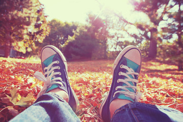 Relaxing on an autumn day. Vintage toned