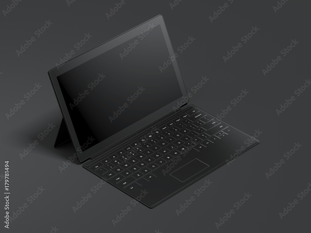 Aufkleber modern opened tablet isolated on dark background. 3d rendering