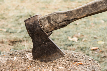old ax with a cracked handle in a wooden stump