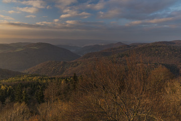 Sunset evening on Varhost hill in Ceske Stredohori mountains