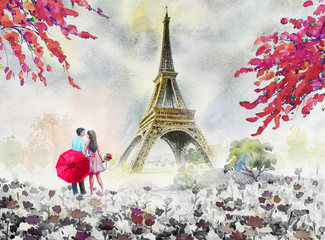 Paris european city landscape. France, eiffel tower and couple lovers