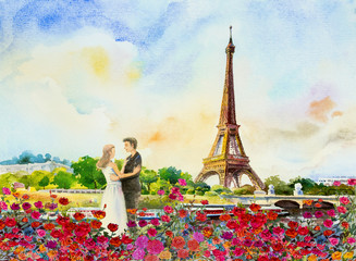 France, eiffel tower and couple love man, woman