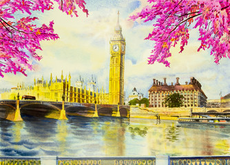 Watercolor painting Big Ben Clock Tower and thames river