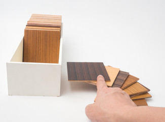 Samples of veneer wood on white background. interior design select material for idea.