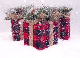Red and Black Plaid Wrapped Present in the Snow
