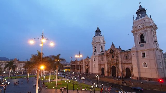 Cathedral and Plaza de Armas at twilight, elevated view, Lima, Peru