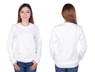 woman in white long sleeve t-shirt isolated on white background