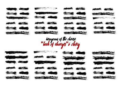 I Ching hexagram, China book changes. Grunge brush texture drawn iching future prediction divination. Vector illustration asian trigram sign symbol astrology balance. Chinese calligraphy hieroglyph.