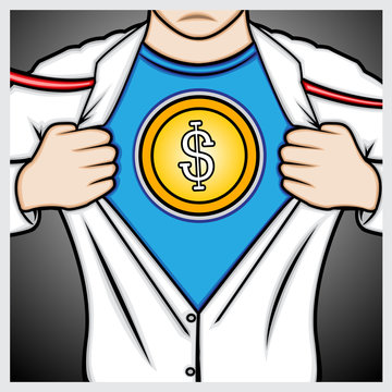 
illustration of a man opening shirt to showing the US Dollar symbol