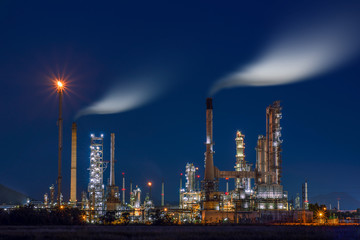 Plakat Oil and gas industry - refinery at night - factory - petrochemical plant