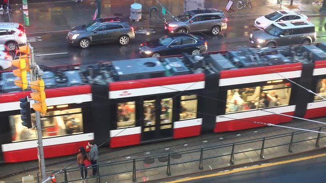Streetcar in the city of Toronto at a rainy night. Province of Ontario, Canada