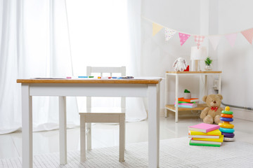 Positive minimalist and colorful room for kids and teenagers, Educational concept for school kids. Playroom decorrative for child at home.