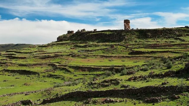 Stone Circle and Chullpa in Sillustani, Puno Region, Peru