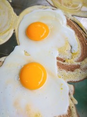 Crepe with egg yolks on hot pans.