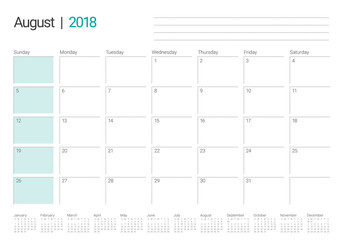 August 2018 planner calendar vector illustration